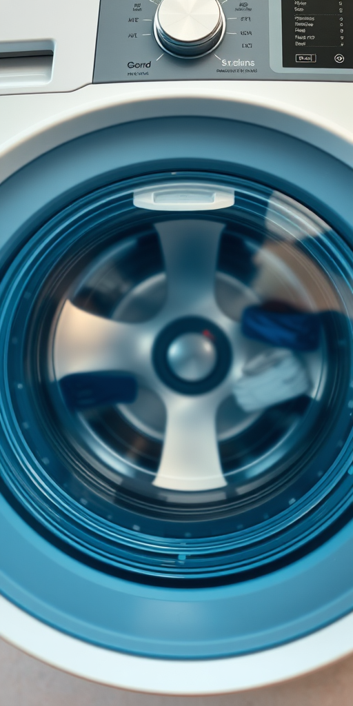 regenerate the image of a washing machine with a transparent blue drum, use a DSLR camera with a 50mm lens, aperture f/2.8, ISO 100, under natural light, from a frontal view to enhance detail and texture