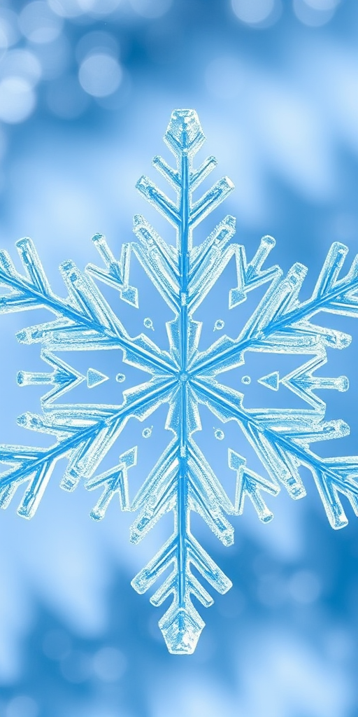 Generate a high-resolution snowflake illustration with intricate details in icy blue hues, using a DSLR camera with a 50mm lens, aperture set to f/2.8, ISO 100, and a wide-angle view to enhance depth and clarity.