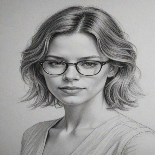 Beauteous Tessa Ferrer, pencil sketch, portrait of Graceful woman 1975s in glasses, hair style beatnik, outline, clear lines, fine lines, 8k