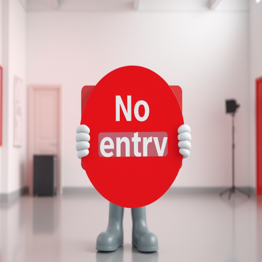 3D character holding a red no entry sign in a bright studio setting, Canon EOS R5, 50mm lens, aperture f/1.8, ISO 100, 1/200 sec, softbox lighting for even illumination.