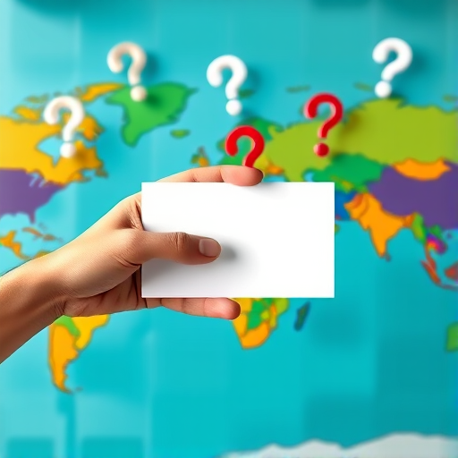 Create an image of a hand holding a blank card over a stylized world map, featuring floating question mark bubbles, shot with a Canon EOS 5D Mark IV, 50mm lens, aperture f/2.8, ISO 100, in a vibrant, high-contrast color style with a sharp focus on the foreground and a slightly blurred background.