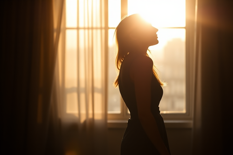Create a silhouette of a woman standing in profile, captured in soft focus with a Canon EOS 5D Mark IV, 50mm lens, f/1.8 aperture, 1/200 sec shutter speed, natural light from a window, emphasizing graceful lines and shadows.