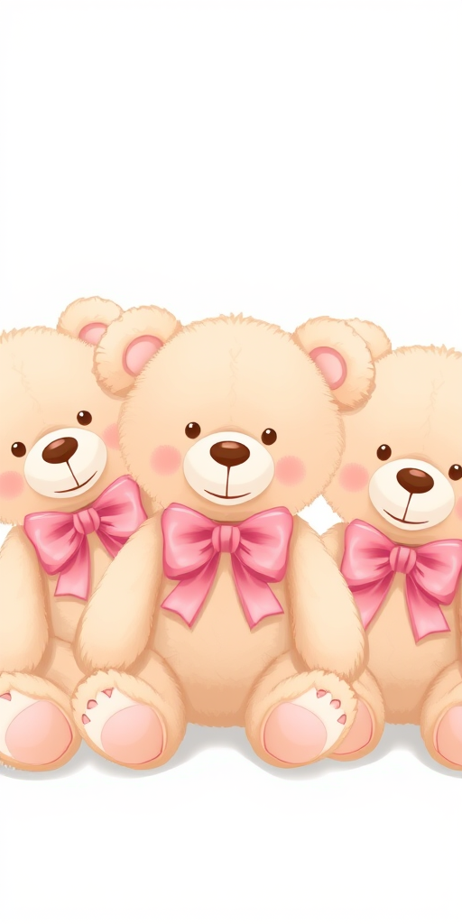 create a high-resolution illustration of several cute teddy bears with pink bows around their necks, in a playful arrangement, using a soft focus lens, 50mm f/1.8 aperture, ISO 100, natural light, and a light pastel background
