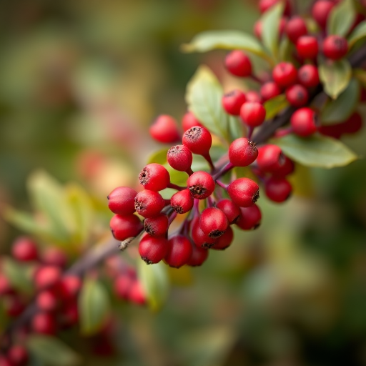 Capture a close-up of red berries on a bush with a blurred background, using a DSLR camera, 50mm lens, f/2.8 aperture, ISO 200, 1/100 sec shutter speed, natural lighting.