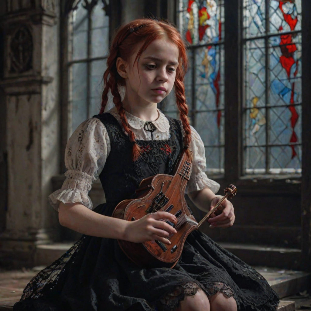 Close up realistic photo of a sad gothic little girl playing (instrument), red hair messy pigtails, black lace white dress with red detailed embroidery, abandoned gothic room with stained glass, closed eyes, horror cinematic lighting, dark fantasy, 4k, hdr,  uhd, detailed dress