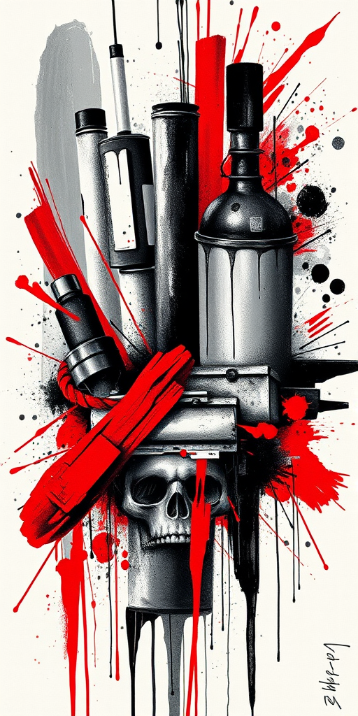 Trash polka tattoo named "Urban Chaos" combining realistic black and gray elements with bold red accents and abstract brush strokes creating a dynamic and edgy composition