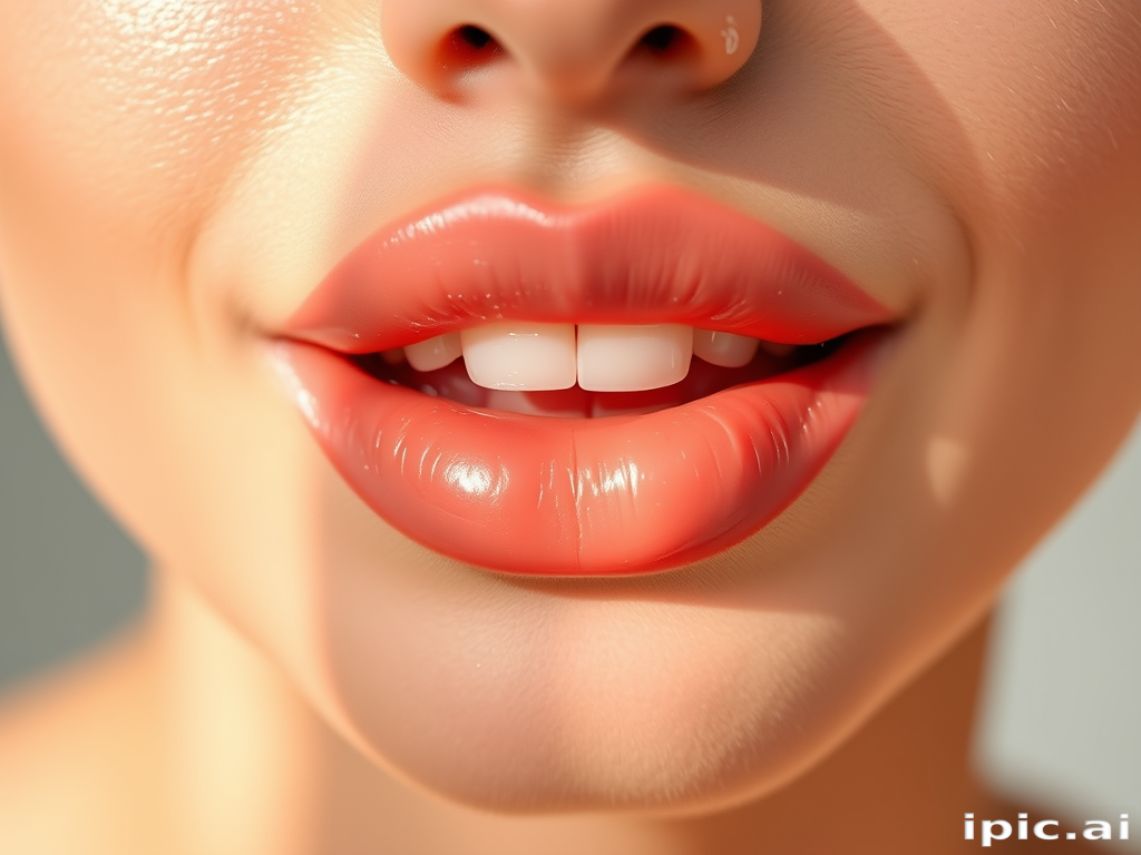 Radiant peach lips with a dewy finish, exuding a fresh and youthful glow, photographed in soft, natural light to enhance the healthy and vibrant appearance