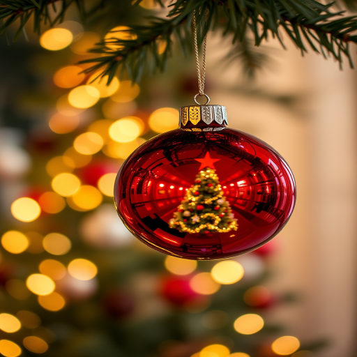 A close-up of a shiny red Christmas ornament hanging from a tree branch reflecting a beautifully decorated Christmas tree and warm glowing lights in the background with a bokeh effect creating a festive atmosphere.