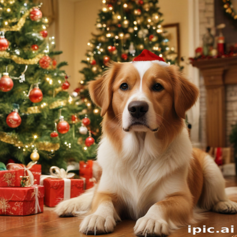 A Festive Dog Wearing a Santa Hat Surrounded by Christmas Decorations.