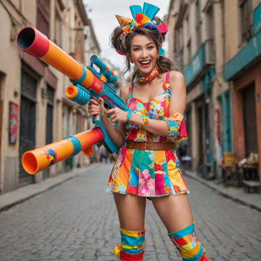 A playful woman holds a bazooka with a mischievous grin, her pose exaggerated and cartoonish. She’s dressed in a colorful, quirky outfit with oversized accessories, giving her a whimsical and fun appearance. The bazooka, although large, is designed in a cute, almost toy-like style, adding to the humorous and lighthearted vibe of the scene. The background is bright and cheerful, enhancing the overall playful atmosphere.
We share ALL our prompts in the Bing Image Prompts group: