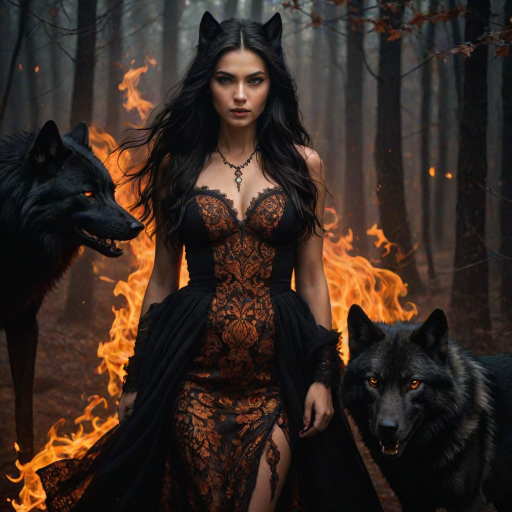 A woman with long dark hair, wearing a black lace dress that seamlessly blends into her skin with intricate floral patterns. She is in the foreground, with a black wolf beside her; its fur is midnight black, and it has glowing, intense, orange eyes that match hers. Her eyes are partially closed with burning embers above them, giving a fiery and mystical aura. The background is engulfed in tall, roaring flames, contributing to an overall dark and supernatural atmosphere. The colors are intense, predominantly black, fiery orange, and deep reds, with sharp contrast highlighting the mysterious and fierce theme. The flames are bright and dynamic, casting dramatic light and shadow, illuminating the woman and wolf while leaving parts in near darkness. The image evokes a sense of otherworldly power and connection between the woman and the wolf.