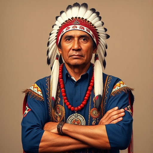 Create a dignified portrait of a Native American man dressed in traditional attire. He wears a beautifully crafted headdress adorned with white feathers and red beads, along with a beaded headband featuring intricate patterns. His clothing includes a deep blue, patterned shirt and a traditional chest piece with detailed beadwork. His arms are crossed, displaying leather armbands decorated with feathers. The background is simple and neutral, emphasizing his proud and stoic expression. The overall image captures the rich cultural heritage and strength of his persona.