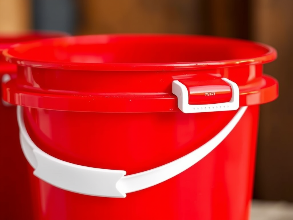 a vibrant red bucket with a white handle, captured in a close-up shot with a shallow depth of field, ISO 200, aperture f/2.8, 50mm lens, natural light, high contrast, vector style illustration