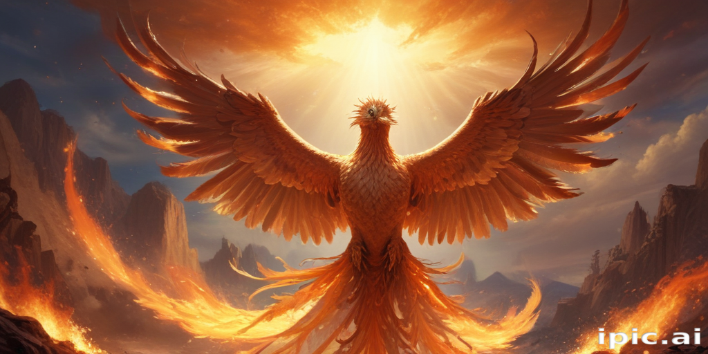Majestic Phoenix Rising From Fiery Ashes in a Glorious Sunrise