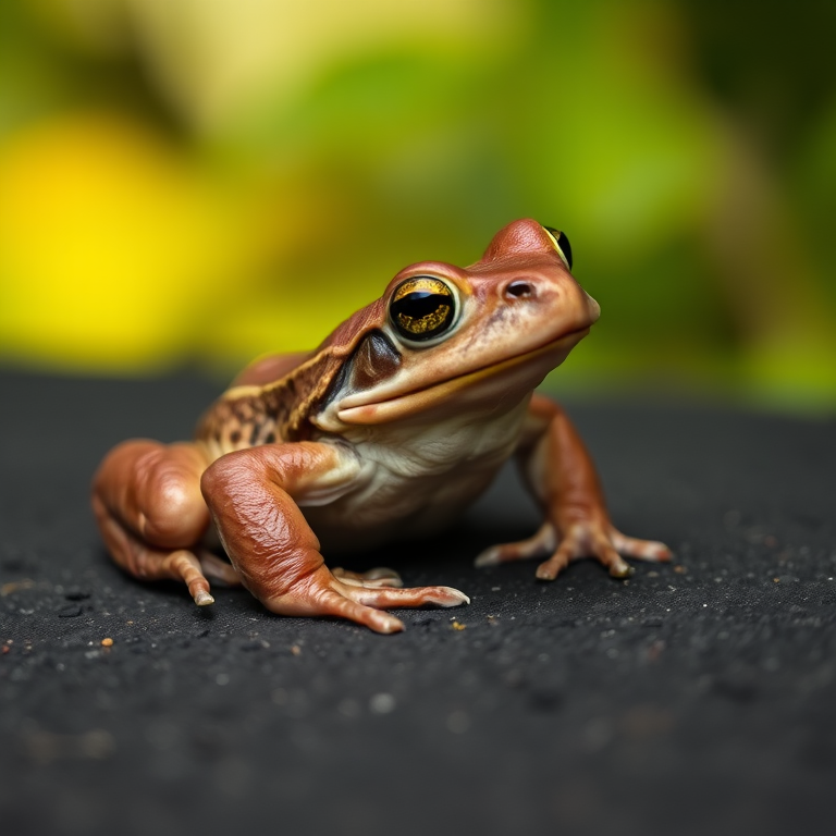A close-up of a brown frog sitting on a dark surface, with a blurred background and sharp focus on the frog's details.