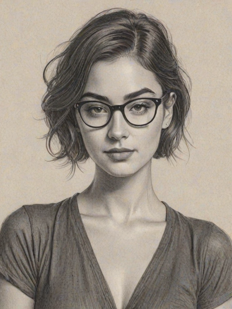 Enticing Alanna Masterson, pencil sketch, portrait of Alluring woman 1922s in glasses, hair style beatnik, outline, clear lines, fine lines, 8k