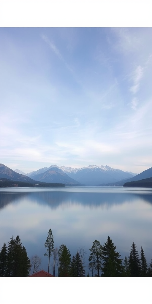 Regenerate the image of a serene landscape with mountains in the background, a calm lake reflecting the sky, and trees along the shore; camera settings: ISO 100, f/8, 1/125 sec; camera view: wide-angle; camera style: high dynamic range; camera type: DSLR.