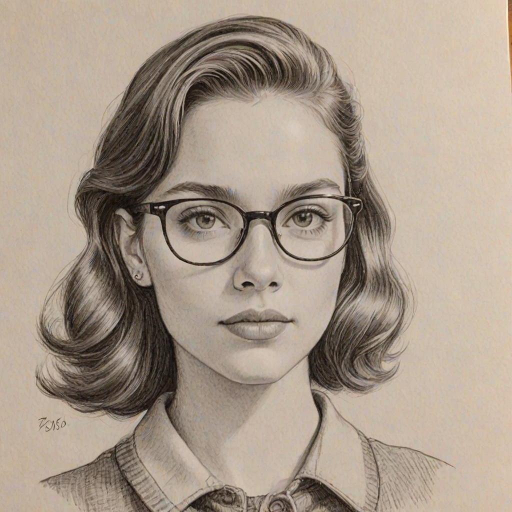 Dazzling Cailee Spaeny, pencil sketch, portrait of Sublime woman 1956s in glasses, hair style beatnik, outline, clear lines, fine lines, 8k