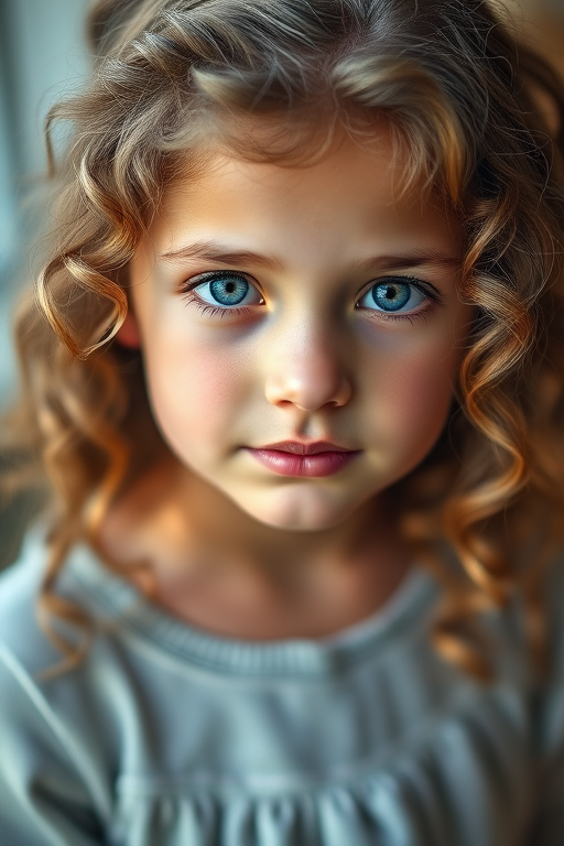 Create a portrait of a young girl with striking blue eyes and curly hair, captured in soft natural light with a shallow depth of field at f/1.8, ISO 100, and a focal length of 50mm, using a DSLR camera with a portrait lens to enhance image quality and detail, set against a blurred, dreamy background.