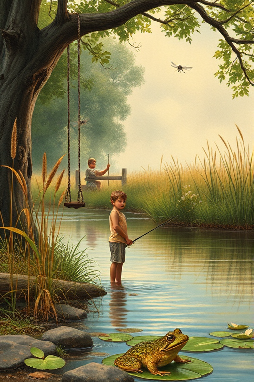Imagine a small group of old fashioned young boys out fishing by the creek, a swing hanging from a tree branch, reeds and grasses by the water's edge, a frog sitting on a lily pad, dragonflies hovering over som water plans, a very iconic old fashioned scene reminiscent of a Norman Rockwell painting style