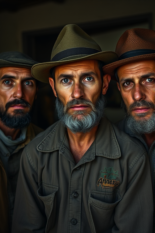 Create a high-resolution portrait of five men with serious expressions, wearing tattered, earthy-toned clothing and hats, with dramatic lighting highlighting their faces, shot with a Canon EOS R5, using a 50mm f/1.2 lens, at ISO 100, aperture f/2.0, in a dimly lit interior setting to enhance texture and detail.