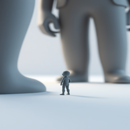 A tiny gray figure looking up at a large gray figure, soft lighting, shallow depth of field, 50mm lens, f/2.8 aperture, ISO 100, shot from a low angle, stylized minimalist rendering in 3D.