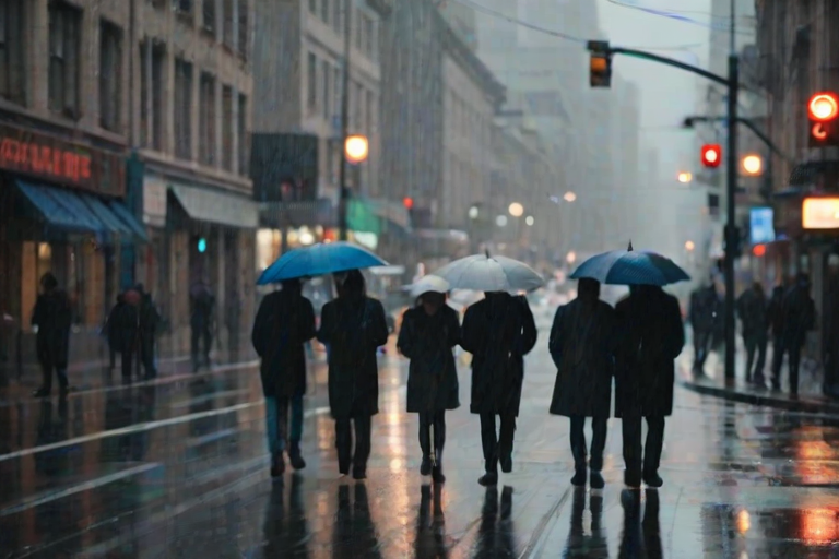 Blurry candid shot of a group of people huddled under umbrellas on a rainy city street, soft light from nearby street lamps reflecting off the wet pavement, with distant cars and buses moving through the scene.