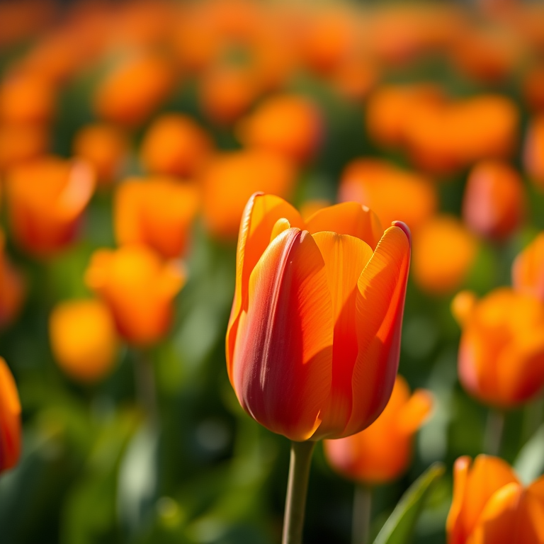macro shot of a vibrant orange tulip in a field of blurred tulips, f/2.8 aperture, 1/250 sec shutter speed, ISO 100, 100mm lens, natural daylight, shallow depth of field, DSLR camera