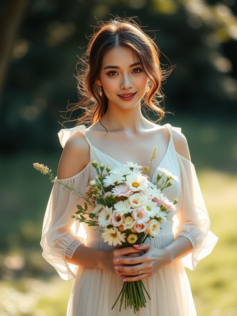 Regenerate a soft focus image of a woman in a light-colored dress holding a bouquet of flowers, captured with a Canon EOS R5, 50mm lens, f/1.8 aperture, ISO 100, natural lighting, and a shallow depth of field for a dreamy effect.