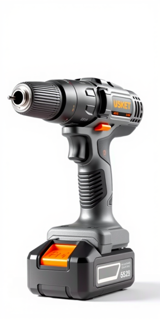 create a high-resolution illustration of a cordless power drill, front view, with a clean white background, using a digital camera with 50mm lens, f/2.8 aperture, ISO 100, and soft natural lighting to enhance details and colors