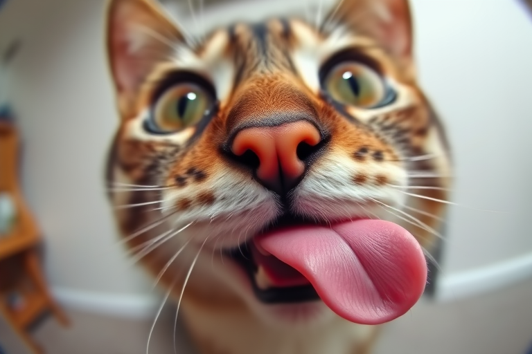A close-up photograph of a cat's face with big eyes and a prominent pink nose sticking out its tongue, taken with a fisheye lens to emphasize the features and create a playful perspective. The background is slightly blurred to keep the focus on the cat's facial expression.