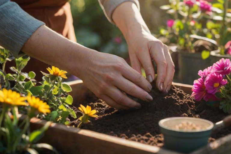 Close-up of a woman’s hands planting seeds in rich soil, surrounded by gardening tools, vibrant flowers blooming in the background, and sunlight illuminating her focused expression.