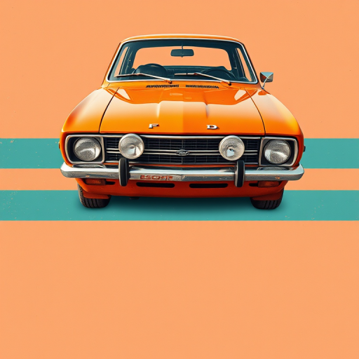 Capture a vintage-style graphic design of a classic orange Ford Escort from 1970-1975, centered with a retro color palette of stripes in teal and peach, with a weathered texture, using a DSLR camera at f/8 aperture, 1/250 shutter speed, ISO 100, shot from eye level with a focus on vibrant colors and details, in portrait orientation.