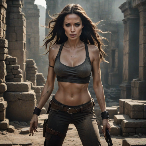 Fierce "Angelina Jolie" action pose, long dark hair in motion, determined expression, Tomb Raider inspired outfit, ancient ruins background, dramatic backlighting, smokey eye makeup, athletic physique