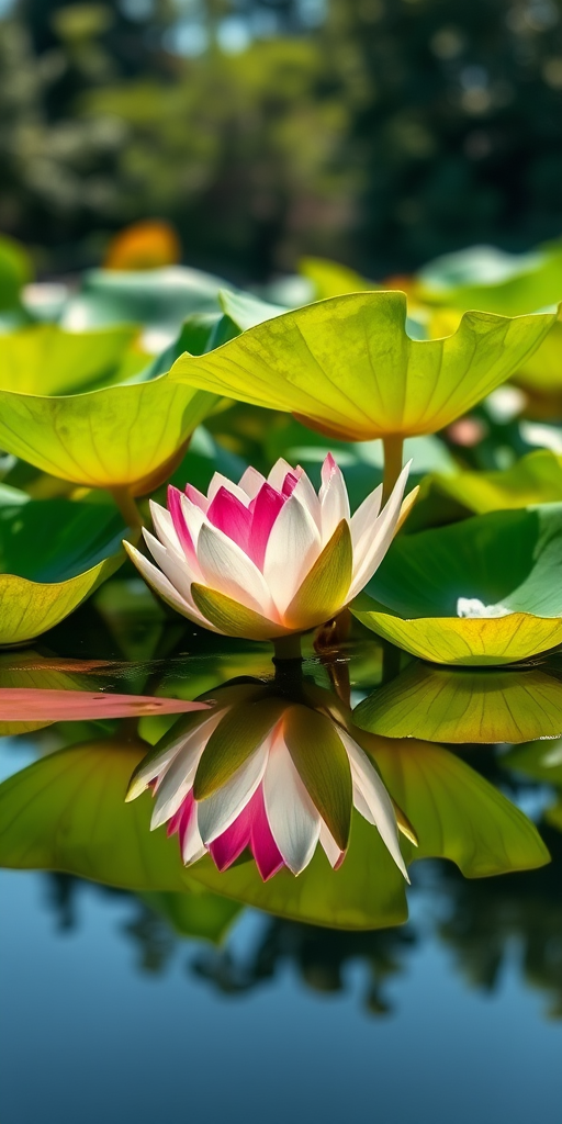 Capture a close-up shot of giant water lily pads reflecting in a tranquil pond, using a DSLR camera, aperture f/8, ISO 100, shutter speed 1/200s, natural sunlight for vibrant colors and clarity.