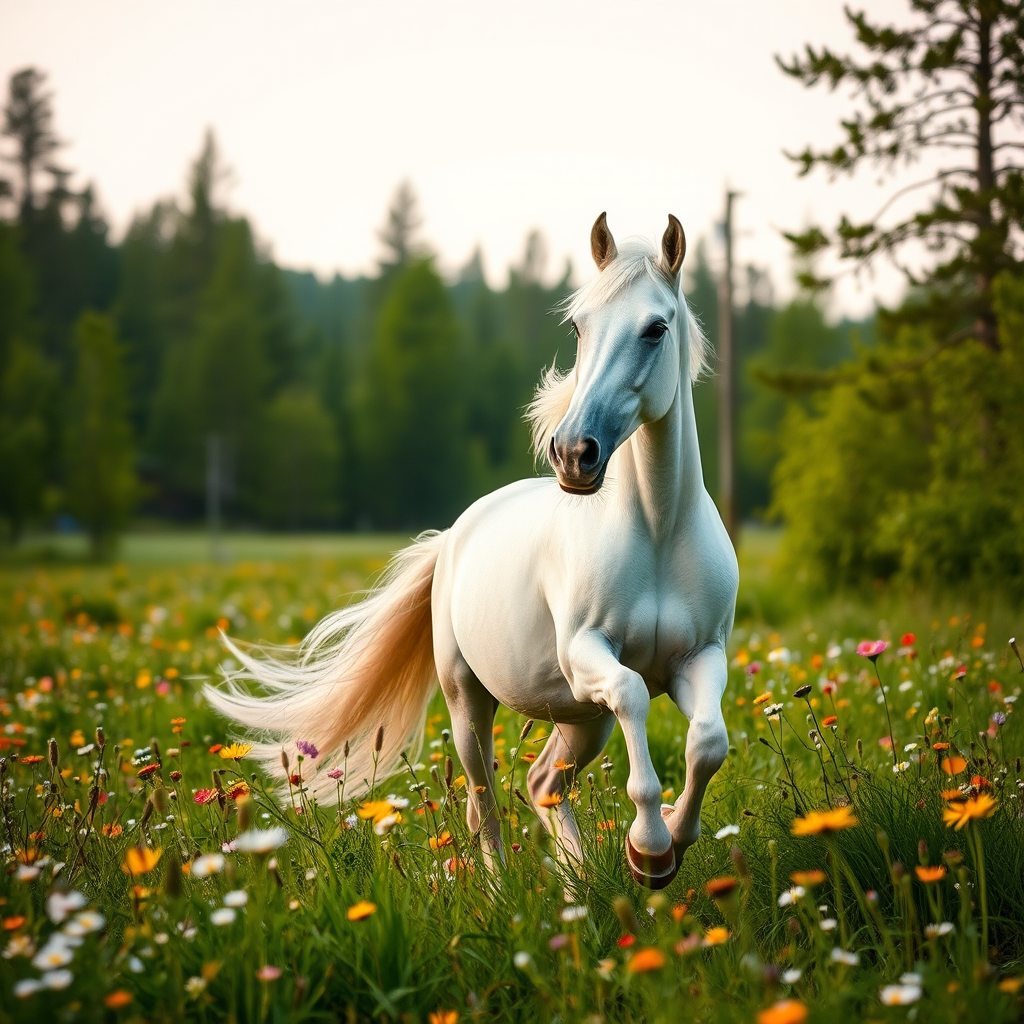 A majestic white horse galloping through a lush green meadow filled with wildflowers, surrounded by a serene forest, captured with a DSLR camera at f/2.8, ISO 100, 1/500s, in a portrait view with soft natural lighting and vibrant colors.