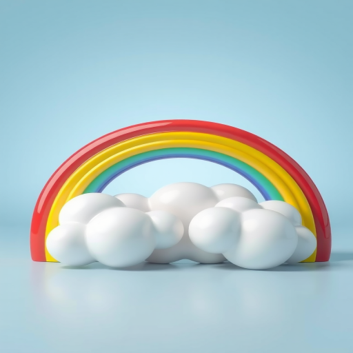Create a high-resolution 3D illustration of a glossy rainbow with vibrant colors arching above two shiny white clouds on a soft blue background, shot with a DSLR camera at f/2.8 aperture, ISO 100, 50mm lens, and a studio lighting setup to enhance reflections and depth.