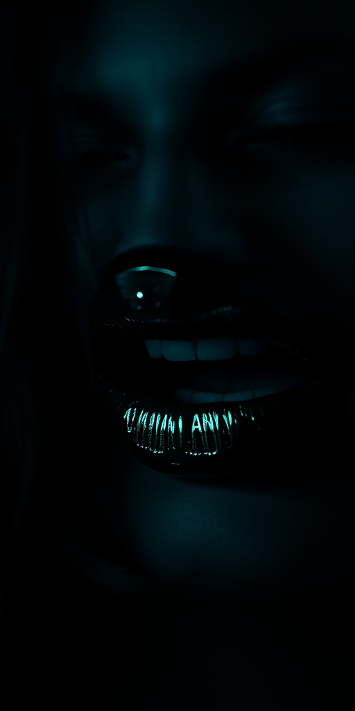 Mysterious dark emerald lips with a glossy sheen, showcasing rich jewel tones and depth, captured in a moody and atmospheric night-time portrait