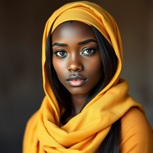 Create a portrait of a young Igbo woman with long, dark hair and captivating hazel eyes. She is wearing a Yellow headscarf and a matching scarf draped gracefully around her neck. The background is softly blurred, focusing attention on her serene and natural expression. The overall color palette is muted and warm, enhancing the intimate and authentic feel of the portrait.