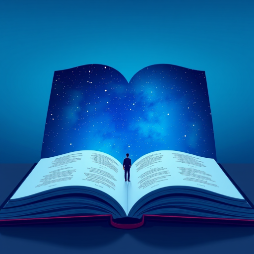 Create an illustration of a giant open book with vibrant blue pages depicting a starry night sky and a small silhouette of a person standing beside it, using a digital art style reminiscent of vector graphics, captured from a slightly elevated angle as if viewed from above, with a color palette emphasizing deep blues and soft whites for the stars, simulate a soft focus lens effect, 50mm equivalent focal length, f/2.8 aperture for depth of field.