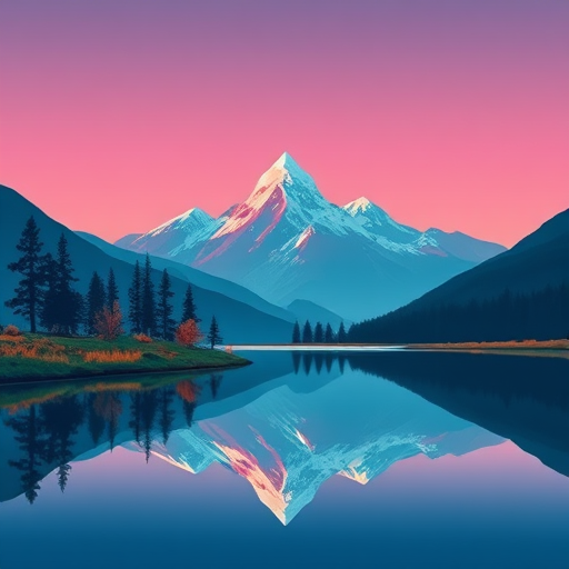 Create a minimalist landscape featuring stylized mountains, trees, and a reflective lake with vibrant colors and geometric shapes, shot with a Canon EOS R5 at f/8, 1/125s, ISO 100, with a wide-angle lens and a soft, diffused light effect.