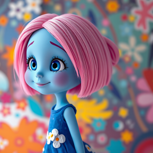 Regenerate a whimsical cartoon character with pink hair and a blue skin tone, wearing a blue dress with white flowers, set against a colorful, abstract background; use a Canon EOS R5, ISO 100, f/4, 1/125s, wide-angle lens, vibrant color grading, and soft focus to enhance image quality.