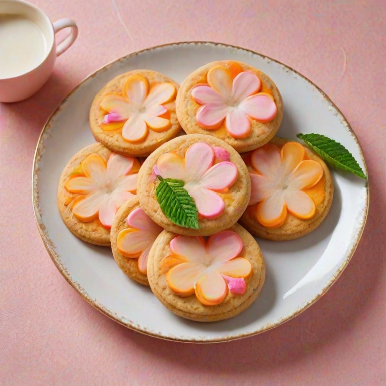 Create an image of a plate filled with peach-shaped cookies. The cookies should be soft and round, with a light pink and orange color, dusted with sugar. Each cookie should have a cream filling that shows slightly at the center. Add a few fresh mint leaves on top of the cookies for decoration, and ensure the plate has an elegant design. The background should be simple and light to keep the focus on the cookies.