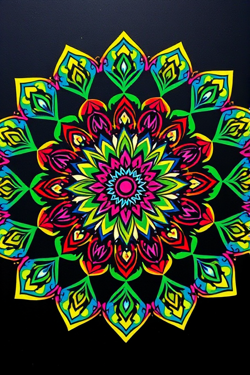 Create a vibrant mandala design with intricate patterns using bright colors like blue, green, red, pink, and yellow on a black background, shot with a DSLR camera at f/8, ISO 100, 50mm lens, in a top-down view for enhanced detail and clarity.