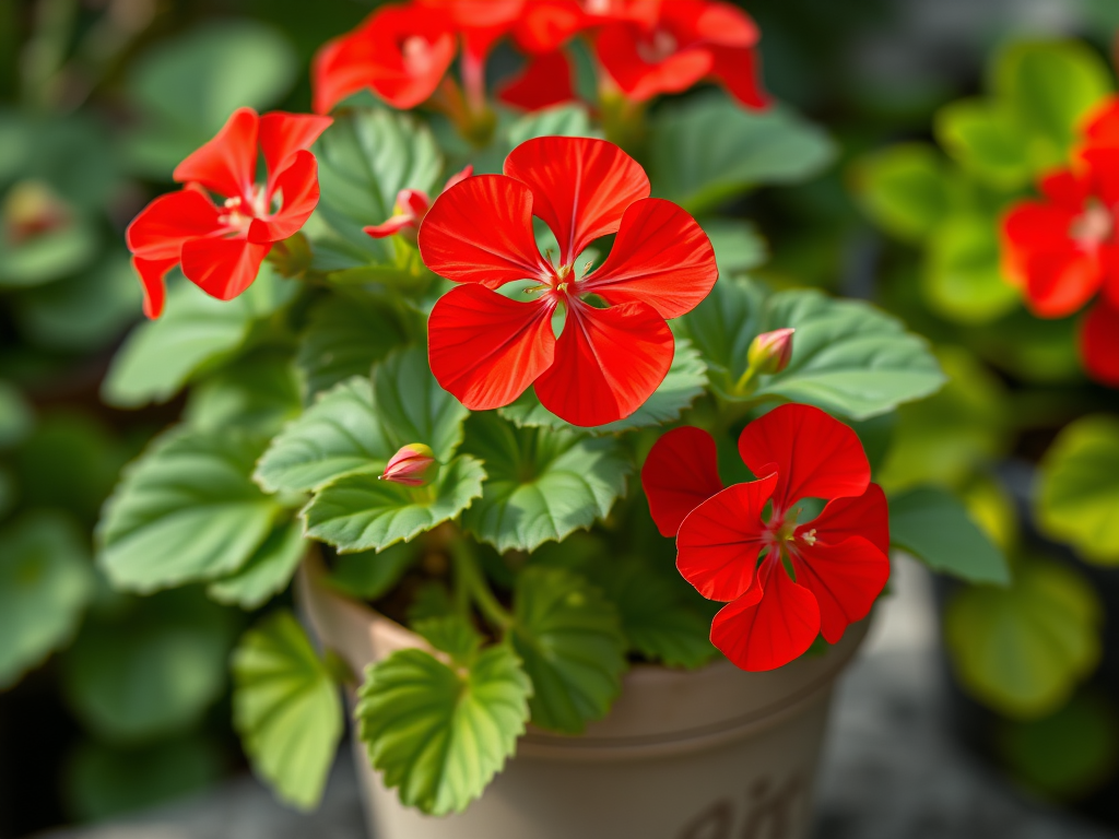 Create a vibrant illustration of a potted geranium plant with lush green leaves and bright red flowers, using a DSLR camera with a 50mm lens, aperture set to f/2.8, ISO 100, and a shallow depth of field to enhance the image quality and focus on the details of the flowers.