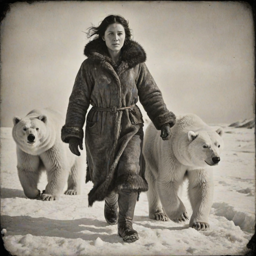 A very old photograph in black and white. The photo is badly damaged, faded, with scratches, tears, smudges and dirt. The photo is ultra-realistic and very detailed. It's a picture of an Arctic warrior. She is walking serenely towards the camera. At her side walks a majestic polar bear. Its fur shines in the sunlight. Snow, ice, sea. wind. snow in the air.