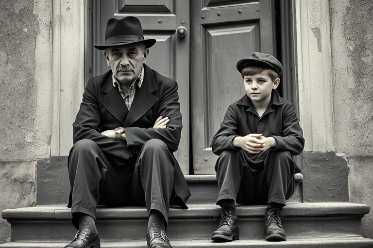 A black-and-white photograph of a man and a child sitting on steps in front of a doorway. The man is dressed as a tramp with a bowler hat, mustache, and ragged clothes, reminiscent of Charlie Chaplin's iconic look. He is sitting with his arms crossed and an expression of slight sadness or frustration. Next to him is a young boy, also in worn clothes and a cap, sitting with his hands clasped, looking thoughtful. The background is an old, textured wall and a partially open door, creating a vintage, early 20th-century atmosphere.