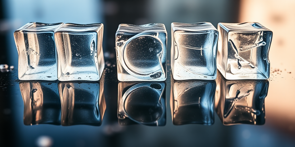 Create an image of the word ICE made of ice cubes, reflecting on a glossy surface, with a 50mm lens, f/1.8 aperture, ISO 100, natural lighting, taken from a low-angle perspective in a macro photography style.