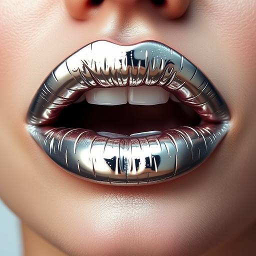 Edgy silver metallic lips with a chrome finish, futuristic and daring, pushing the boundaries of conventional lip aesthetics