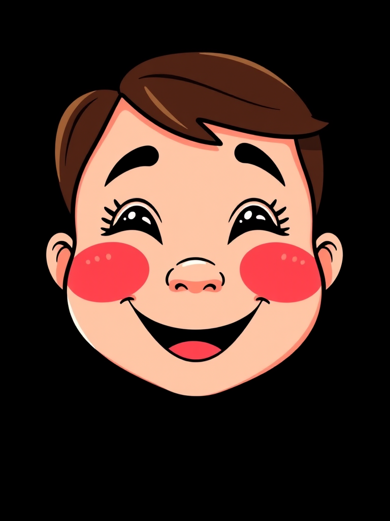 Create a high-resolution cartoon-style illustration of a smiling face with rosy cheeks on a black background, using a Canon EOS 5D Mark IV, 50mm f/1.8 lens, aperture at f/2.8, ISO 100, with a focus on vibrant colors and sharp details.